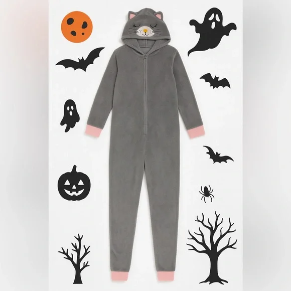 PJ Couture Gray Cat Hooded Pajama Suit M Fleece Pink Trim - Picture 2 of 6